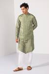 Buy_Kalpana Naik_Olive Green Satin, Bemberg, Silk, Heritage Floral Zardozi Nehru Jacket Kurta Set _at_Aza_Fashions