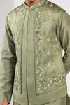 Buy_Kalpana Naik_Olive Green Satin, Bemberg, Silk, Heritage Floral Zardozi Nehru Jacket Kurta Set 