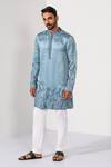 Shop_Kalpana Naik_Blue Linen, Satin Embroidery Blossom Floral Daman Thread Work Kurta Set _Online_at_Aza_Fashions