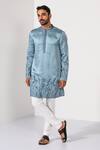 Buy_Kalpana Naik_Blue Linen, Satin Embroidery Blossom Floral Daman Thread Work Kurta Set _at_Aza_Fashions