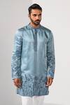 Shop_Kalpana Naik_Blue Linen, Satin Embroidery Blossom Floral Daman Thread Work Kurta Set 