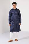 Buy_Kalpana Naik_Navy Linen, Satin, Cotton Majestic Indigo Butta Thread And Pipe Work Kurta Set _at_Aza_Fashions