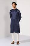 Buy_Kalpana Naik_Navy Linen, Satin Embroidery Royal Sapphire Big Butta Kurta And Pant Set _at_Aza_Fashions