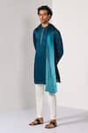 Kalpana Naik_Teal Linen, Satin, Cotton Transition Drape Kurta And Slim Fit Pant Set _Online_at_Aza_Fashions