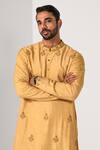 Shop_Kalpana Naik_Mustard Bemberg, Silk, Cotton Embroidery Golden Butta Hand Kurta And Pant Set _Online_at_Aza_Fashions