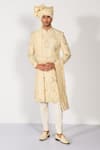 Buy_Kalpana Naik_Cream Bemberg, Silk Embroidery, Zari Regal Pearl Zardozi Sherwani Set _at_Aza_Fashions