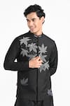Kalpana Naik_Black Bemberg, Silk, Cotton Embroidery Maple Leaf Nehru Jacket Set _Online_at_Aza_Fashions