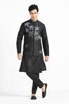 Kalpana Naik_Black Bemberg, Silk, Cotton Embroidery Maple Leaf Nehru Jacket Set _at_Aza_Fashions