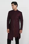 Kalpana Naik_Burgundy Terrycloth, Rayon Tibetan Red Asymmetrical Sherwani With Pant _Online_at_Aza_Fashions