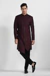 Buy_Kalpana Naik_Burgundy Terrycloth, Rayon Tibetan Red Asymmetrical Sherwani With Pant _at_Aza_Fashions