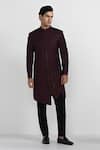 Shop_Kalpana Naik_Burgundy Terrycloth, Rayon Tibetan Red Asymmetrical Sherwani With Pant _Online_at_Aza_Fashions