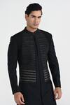 Kalpana Naik_Black Terrycloth, Rayon Dark Sapphire Geometric Panel Sherwani With Pant _at_Aza_Fashions