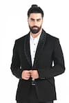 Kalpana Naik_Black Crepe Bow Manipulated Shawl Tuxedo Set _at_Aza_Fashions