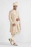 Shop_Kalpana Naik_Cream Bemberg, Silk Embroidery Dark Butta Work Sherwani Set _at_Aza_Fashions