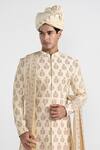Kalpana Naik_Cream Bemberg, Silk Embroidery Dark Butta Work Sherwani Set _at_Aza_Fashions