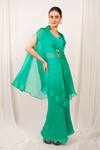 Buy_Day And Mood_Emerald Green Organza, Modal, Satin, Silk Kaftan And Bell Bottom Pant Set _at_Aza_Fashions