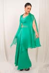 Shop_Day And Mood_Emerald Green Organza, Modal, Satin, Silk Kaftan And Bell Bottom Pant Set _at_Aza_Fashions