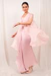 Buy_Day And Mood_Pink Organza, Modal, Satin Shawl Neck, Kaftan And Bell Bottom Pants Set _at_Aza_Fashions