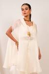 Day And Mood_Ivory Organza, Silk, Satin, Modal Kaftan And Wired Blouse With Flared Pants _Online_at_Aza_Fashions