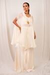 Shop_Day And Mood_Ivory Organza, Silk, Satin, Modal Kaftan And Wired Blouse With Flared Pants _at_Aza_Fashions