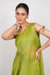 Day And Mood_Lime Organza, Silk, Modal, Satin Fabric Flowers Kaftan Blouse And Flared Pants Set _Online_at_Aza_Fashions