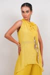 Day And Mood_Yellow Chinon, Organza Beads Choker Asymmetric Bow Tie Tunic And Pleated Pant Set _Online_at_Aza_Fashions
