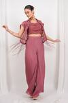 Buy_Day And Mood_Pink Georgette, Organza Embroidery Cowl Neck, Cutwork Jacket Top And Pants Set _at_Aza_Fashions