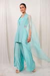 Buy_Day And Mood_Sky Blue Organza, Chinon Sequins, Embroidery Open Wired Kaftan And Wrap Pants Set _at_Aza_Fashions