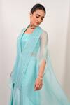 Shop_Day And Mood_Sky Blue Organza, Chinon Sequins, Embroidery Open Wired Kaftan And Wrap Pants Set _at_Aza_Fashions