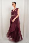 Shop_Day And Mood_Wine Organza, Silk Embroidery V-neck Kaftan And Pleated Skirt Set _at_Aza_Fashions