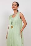 Day And Mood_Lime Satin, Organza, Silk, Georgette Round Neck, Long Jacket And Flared Pants Set _Online_at_Aza_Fashions
