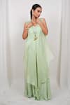 Buy_Day And Mood_Lime Satin, Organza, Silk, Georgette Round Neck, Long Jacket And Flared Pants Set _at_Aza_Fashions
