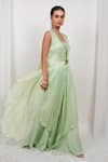 Buy_Day And Mood_Lime Satin, Organza, Silk, Georgette Round Neck, Long Jacket And Flared Pants Set _Online_at_Aza_Fashions