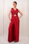 Buy_Day And Mood_Red Silk, Chinon, Satin Embroidery, Sequins V-neck Short Jacket And Wrap Pants Set _at_Aza_Fashions