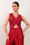 Day And Mood_Red Silk, Chinon, Satin Embroidery, Sequins V-neck Short Jacket And Wrap Pants Set _Online_at_Aza_Fashions