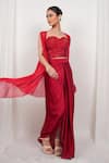 Shop_Day And Mood_Red Silk, Organza Sequins, Embroidery Corset And Draped Skirt Set With Jacket _at_Aza_Fashions