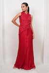 Buy_Day And Mood_Red Silk, Modal, Satin Cut Work, Embroidery, Sequins Cutwork Top And Pants Set _at_Aza_Fashions
