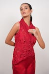Shop_Day And Mood_Red Silk, Modal, Satin Cut Work, Embroidery, Sequins Cutwork Top And Pants Set _at_Aza_Fashions