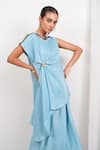 Buy_Day And Mood_Sky Blue Velvet, Georgette Embroidery Round Neck Knot Top And Skirt Set _Online_at_Aza_Fashions