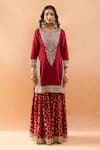 Gopi Vaid_Red Tussar, Organza Embroidery, Zari V-neck Kurta And Printed Sharara Set _Online_at_Aza_Fashions