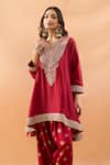Gopi Vaid_Red Tussar Embroidery, Zari V-neck Kurta And Farshi Salwar Set _Online_at_Aza_Fashions