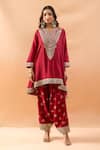 Shop_Gopi Vaid_Red Tussar Embroidery, Zari V-neck Kurta And Farshi Salwar Set _Online_at_Aza_Fashions