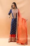 Buy_Gopi Vaid_Blue Tussar, Organza Embroidery, Zari V-neck Kurta Sharara And Dupatta Set _Online_at_Aza_Fashions