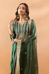 Gopi Vaid_Green Tussar, Satin, Organza Zari, Embroidery Split V-neck Kurta Palazzo Set _Online_at_Aza_Fashions