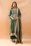 Buy_Gopi Vaid_Green Tussar, Satin, Organza Zari, Embroidery Split V-neck Kurta Palazzo Set _at_Aza_Fashions