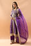 Gopi Vaid_Purple Tussar, Satin, Organza Embroidery, Zari Split V-neck Kurta Palazzo Set _Online_at_Aza_Fashions