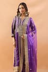Buy_Gopi Vaid_Purple Tussar, Satin, Organza Embroidery, Zari Split V-neck Kurta Palazzo Set _Online_at_Aza_Fashions