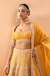 Gopi Vaid_Mustard Tussar, Organza Zari, Embroidery, Sequins, Beads Square Neck Lehenga Set _Online_at_Aza_Fashions