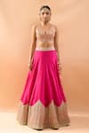 Gopi Vaid_Pink Tussar, Organza Zari, Embroidery V-neck Blouse And Lehenga Set _Online_at_Aza_Fashions