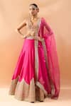 Buy_Gopi Vaid_Pink Tussar, Organza Zari, Embroidery V-neck Blouse And Lehenga Set _at_Aza_Fashions